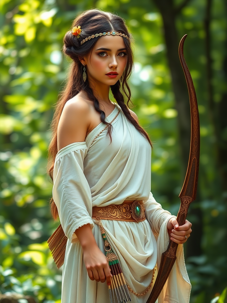 Create a portrait of a goddess-like Native American girl figure in a tranquil, forested environment. She has an elegant appearance with long, wavy hair styled in an updo and adorned with a delicate, floral headband. She wears a flowing, ancient Greek-inspired gown in a soft, pale color, featuring a one-shoulder design and draped fabric that accentuates her graceful form. The outfit includes a decorative belt with ornate gold detailing, and she holds a bow in her hand, with a quiver of arrows slung over her shoulder. The background depicts lush greenery, with sunlight filtering through the trees, casting a gentle, ethereal light on the scene. Her expression is calm and contemplative, embodying a sense of wisdom and serenity.