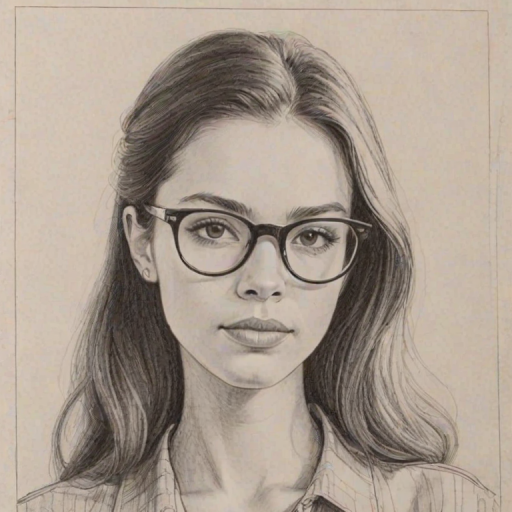 Pleasing Olivia Rodrigo, pencil sketch, portrait of Lovely woman 1961s in glasses, hair style beatnik, outline, clear lines, fine lines, 8k