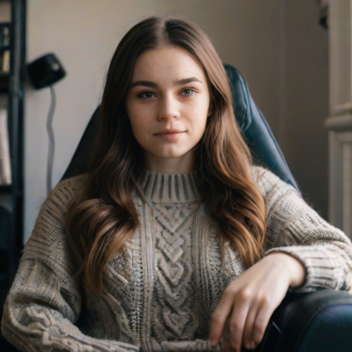 Em1ru sitting in her gaming chair and posing for the camera, intricate details, wool jumper, natural light