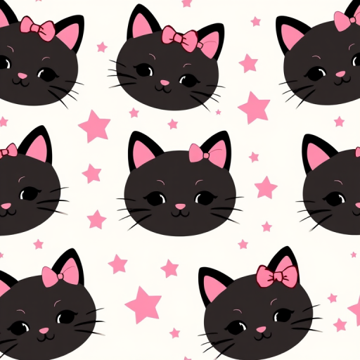 Create a seamless pattern featuring cute cartoon cat faces with pink bows on a light background interspersed with pink stars