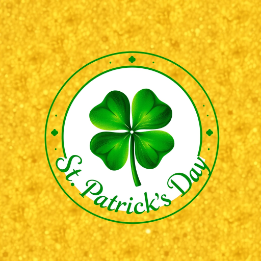 Create a vibrant St. Patrick's Day design featuring a green shamrock at the center with a circular border that reads "Happy St. Patrick's Day" in an elegant font, set against a textured golden background, captured with a DSLR camera at ISO 100, f/5.6 aperture, 1/125 sec shutter speed, with a shallow depth of field effect and warm lighting.