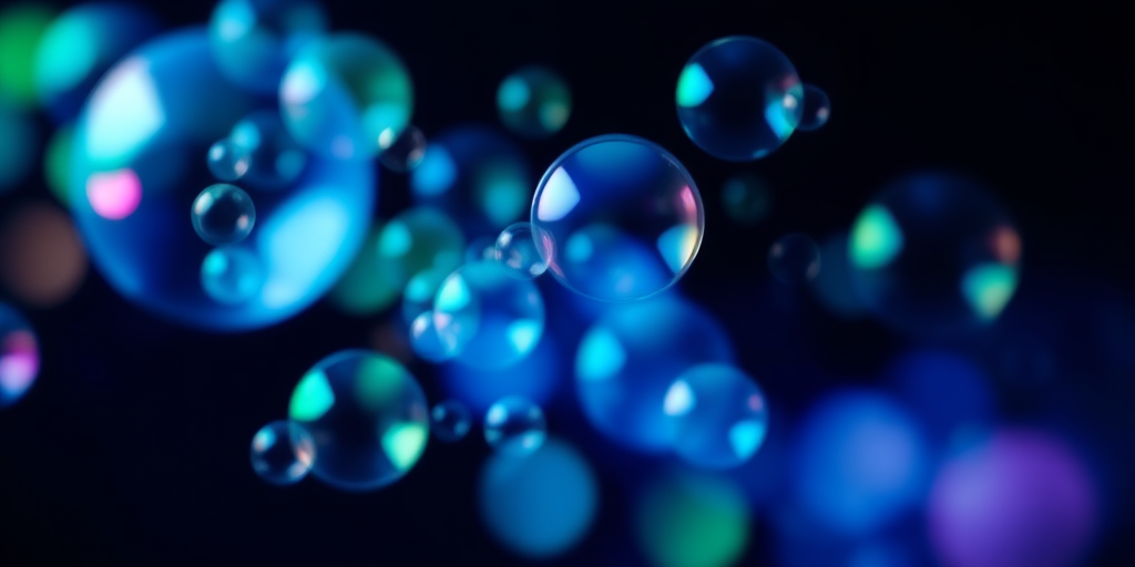 Create an abstract image of colorful bubbles in shades of blue, green, and purple against a dark background, using a DSLR camera with a 50mm lens, f/1.8 aperture, ISO 200, and a shallow depth of field for enhanced clarity and detail.