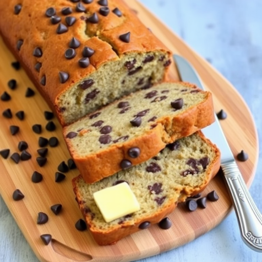 A freshly baked loaf of chocolate chip banana bread with several slices cut and displayed on a wooden cutting board scattered with chocolate chips and a butter knife with a pat of butter resting nearby.