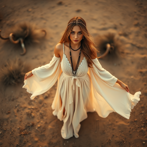 Desert setting, bohemian model, flowy dresses, earthy tones, rustic sunset effect,  equipped with a 12mm lens to capture an overhead view of the model, emphasizing symmetry and spatial positioning