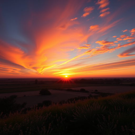 Generate a high-resolution image of a serene landscape during sunset with vibrant colors in the sky, use a Canon EOS 5D Mark IV with a 24-70mm f/2.8 lens, aperture set to f/8, ISO 100, shutter speed 1/60s, and a wide-angle view to capture extensive scenery.