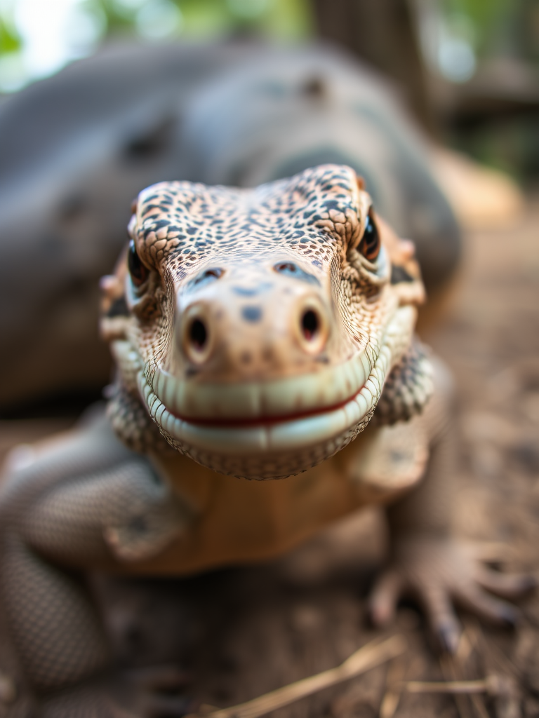 Capture a close-up portrait of a Komodo dragon with a shallow depth of field, 85mm lens, aperture set to f/1.8, ISO 200, natural lighting, taken from eye level in a wildlife setting.