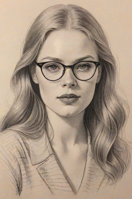 Wonderful Freya Ridings, pencil sketch, portrait of Splendid woman 1931s in glasses, hair style beatnik, outline, clear lines, fine lines, 8k