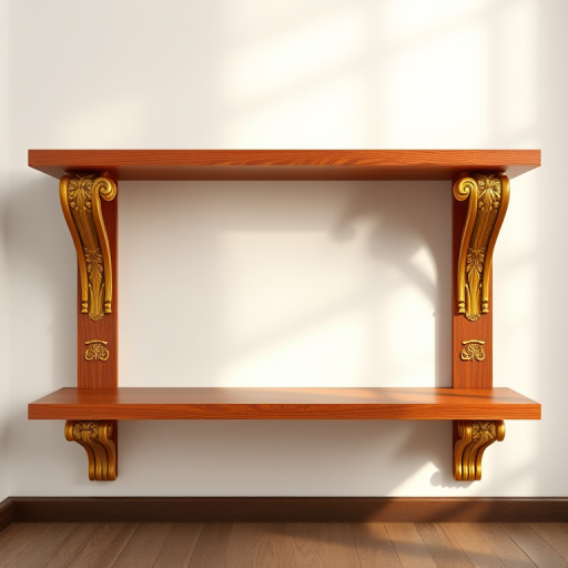 Render a wooden shelf with ornate golden brackets in high detail, using a DSLR camera, f/2.8 aperture, ISO 100, 50mm lens, in a well-lit room with soft diffused lighting, front-facing view.