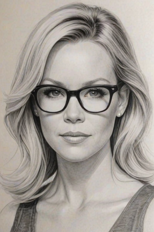 Resplendent Jennie Garth, pencil sketch, portrait of Enticing woman 1967s in glasses, hair style beatnik, outline, clear lines, fine lines, 8k