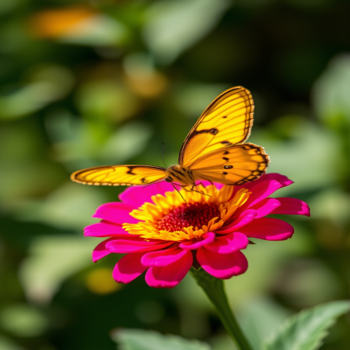 Capture a close-up shot of a yellow butterfly on a vibrant pink flower, using a DSLR camera, 85mm f/1.8 lens, aperture set to f/2.8, ISO 200, shutter speed 1/500 seconds, with a shallow depth of field for a soft background blur, natural sunlight for illumination.