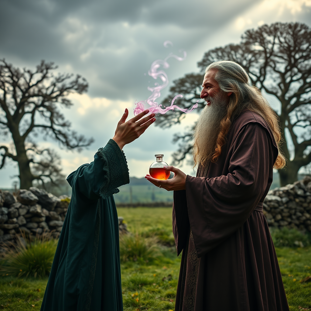 Create a super realistic photo portrait of the sorceress Nimue enthralling the old long haired and bearded magician Merlin with the scent of a magic perfume-potion. Merlin's senses are blurred and he has a happy smile on his face like that of a slightly drunken man. Nimue is standing opposite of Merlin facing him. She is holding out the potion with both hands towards Merlin's nose. A visual depiction of the pink scent soflty creeps into Merlin's nostrils. The picture is set in front of a typical British landscape with grass, a dry stone wall and old and big trees. Cloudy skies with sun-rays braking through giving the picture a soft and romantic tone. HDRI, 8k,V-Ray render