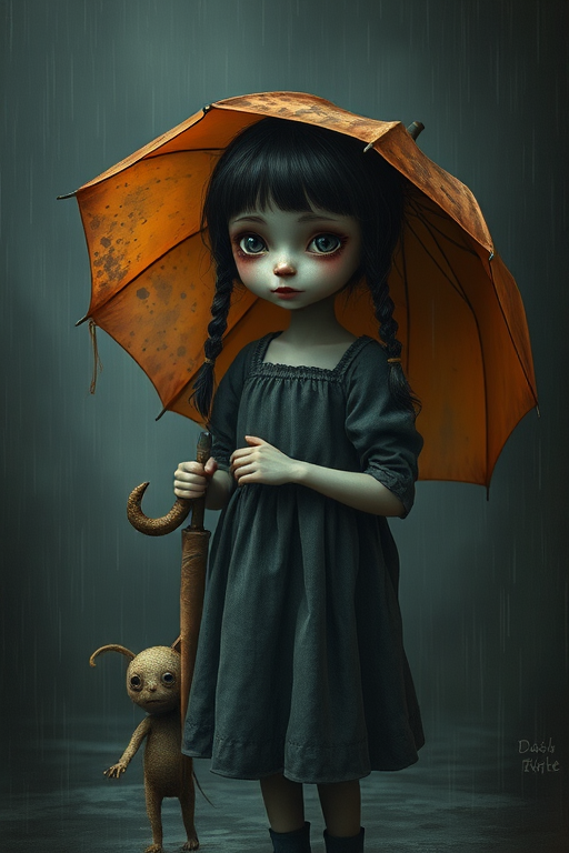 An eerie, weird little girl with dark hair in thin pigtails, wearing a smock dress, standing in the rain, holding a dirty orange umbrella, a small, odd creature beside her. In a surreal style inspired by Nicoletta Ceccoli and Brian Froud. Dark fantasy themes