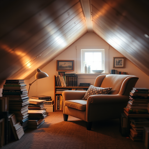Warmly lit photo of a cozy attic space transformed into a reading nook, with a plush armchair, stacks of books, and soft light spilling in from a small window, creating an inviting retreat.