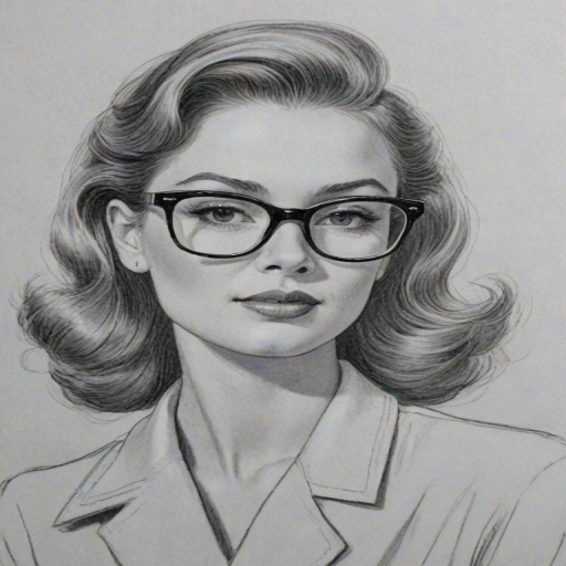 Dazzling Ginger Gonzaga, pencil sketch, portrait of Elegant woman 1950s in glasses, hair style beatnik, outline, clear lines, fine lines, 8k