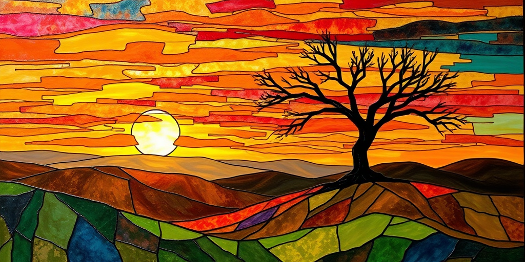 A vibrant abstract painting on Tiffany Glass, blending acrylic and alcohol ink techniques, captures a dramatic sunset over rolling hills. The artwork features a textured, rocky foreground in green and brown, layered abstract hills, and a striking sunset in rich oranges, yellows, and reds. A solitary black tree with intricate branches contrasts against the fiery sky, creating a dynamic and expressive portrayal of a breathtaking natural scene.
