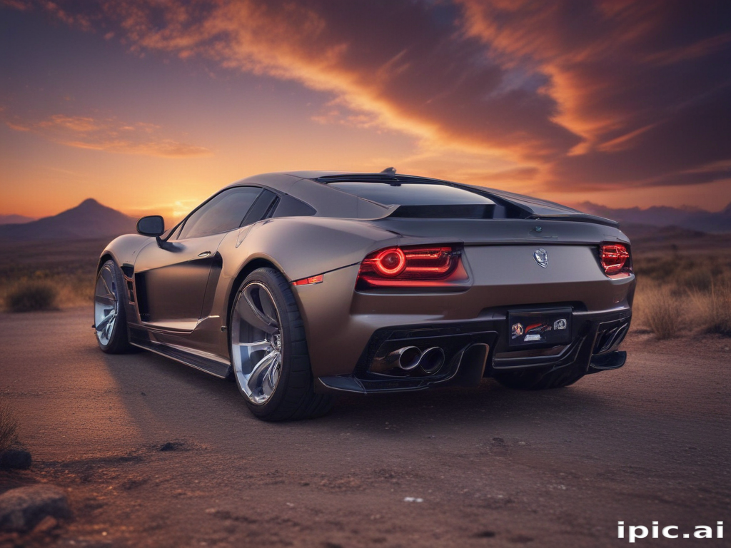 Stunning Sports Car Parked Under a Dramatic Sunset in Desert Landscape