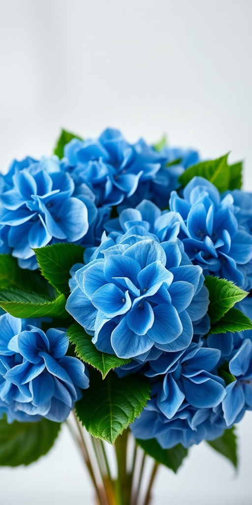 create a vibrant floral arrangement featuring blue hydrangeas and green leaves with a soft-focus background, captured with a Canon EOS R5, 85mm lens, f/2.8 aperture, ISO 100, studio lighting for enhanced clarity and contrast