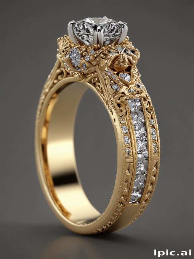 Exquisitely Crafted Gold Engagement Ring Adorned with Sparkling Diamonds