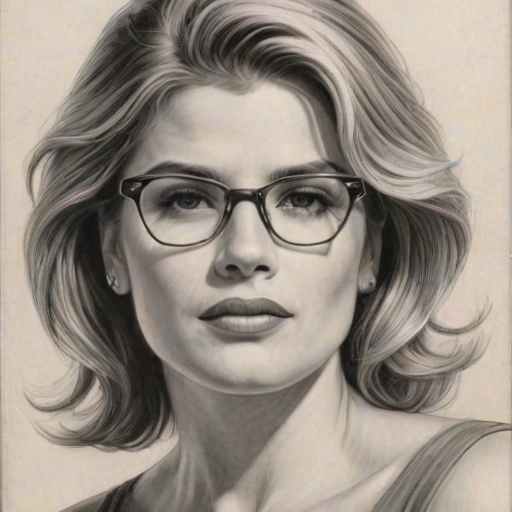 Comely Kristy Swanson, pencil sketch, portrait of Bewitching woman 1956s in glasses, hair style beatnik, outline, clear lines, fine lines, 8k
