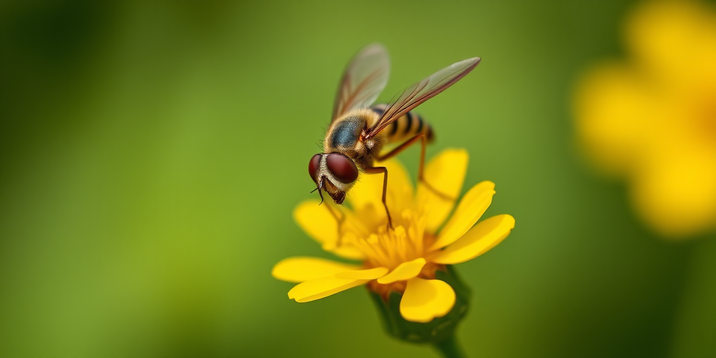 macro shot of a hoverfly on a yellow flower, f/2.8 aperture, 1/200s shutter speed, ISO 100, 100mm macro lens, soft natural lighting, shallow depth of field, focus on the fly, blurred green background