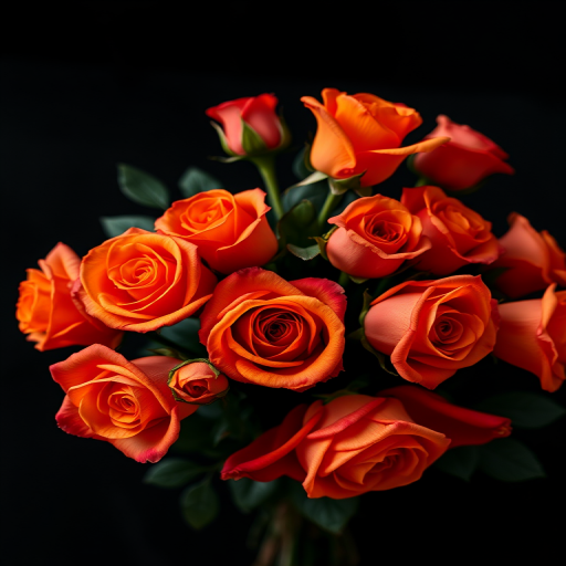 high-resolution image of a bouquet of roses in shades of orange and red on a black background, taken with a DSLR camera at f/2.8 aperture, 50mm lens, ISO 100, top-down view, natural lighting, macro photography style