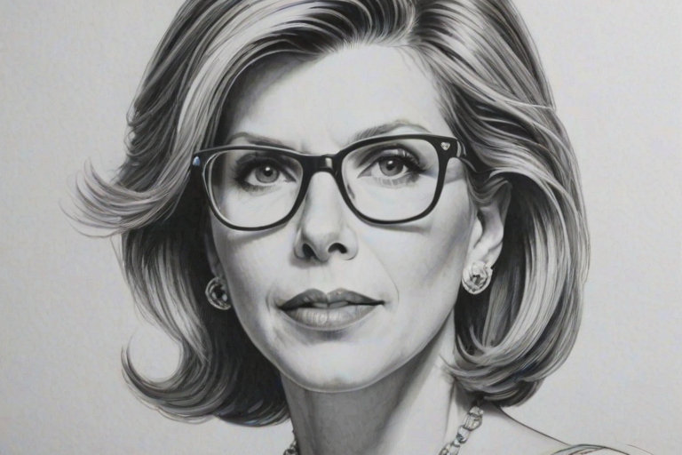 Appealing Christine Baranski, pencil sketch, portrait of Pleasing woman 1976s in glasses, hair style beatnik, outline, clear lines, fine lines, 8k