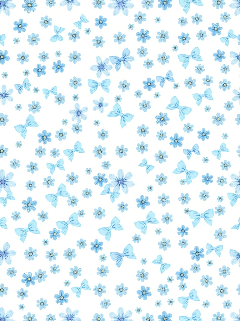 Create a seamless pattern featuring small blue flowers and light blue bows on a white background. The flowers should vary in size and shape, while the bows should be evenly spaced throughout the design, creating a delicate and charming aesthetic.