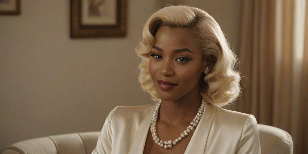 A beautiful Xhosa woman reminiscent of 1950s Hollywood glamour, with perfectly styled blonde hair and a seductive smile, dressed in a satin blouse and adorned with pearls, soft and warm tones, photorealistic, 8K