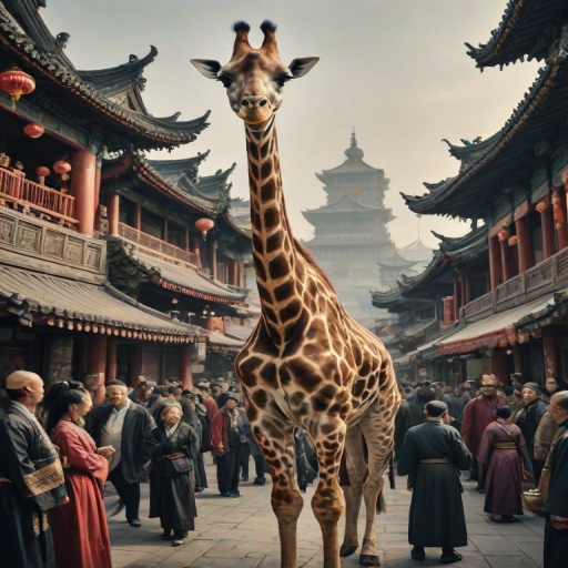 This is a surrealistic realistic photography with a Chinese style characterized by Confucianism and Taoism elegance. A realistic photograph captures an anthropomorphic giraffe in traditional Chinese Yuan Dynasty merchant's attire, in a lively marketplace, its towering height providing a view of the bustling activity below.