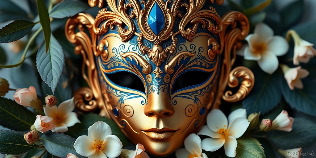 A beautifully detailed ornate masquerade mask with intricate golden and blue designs, surrounded by elegant leaves and flowers, shot in soft natural light, 50mm lens, f/2.8 aperture, ISO 100, shallow depth of field, high resolution image.