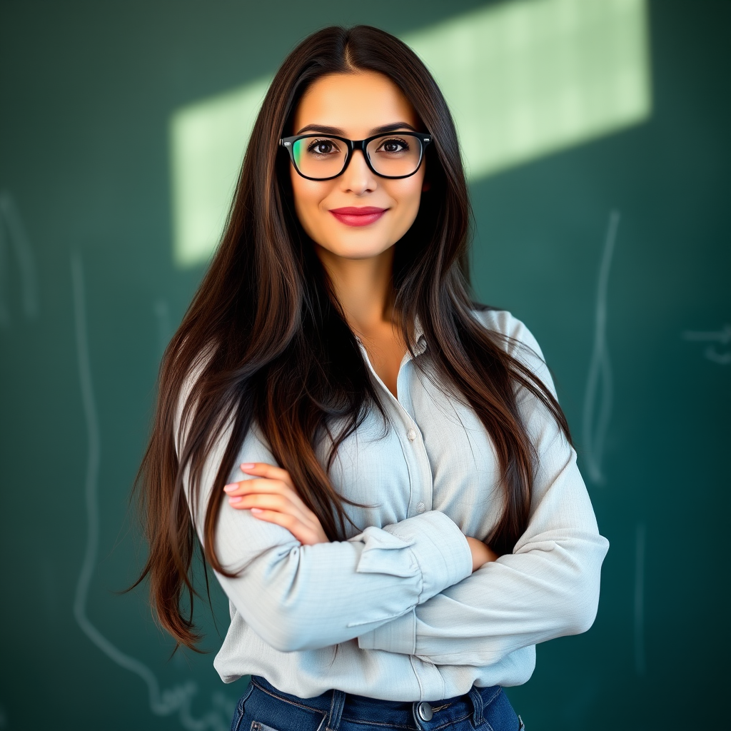 Portrait of a confident woman with long dark hair wearing glasses, standing with arms crossed in front of a chalkboard, natural light, aperture f/2.8, shutter speed 1/125 sec, ISO 200, 85mm lens, captured with a mirrorless camera.