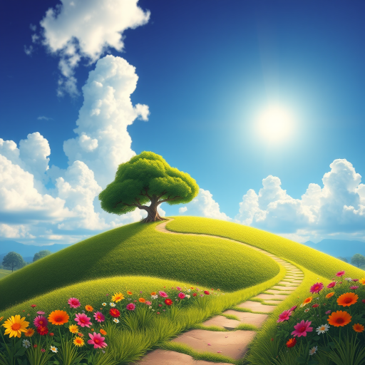 create a vibrant cartoon landscape with a green hill, a leafy tree, colorful flowers along a path, a bright blue sky with fluffy white clouds, a sun in the corner, using a DSLR camera with a 35mm lens, aperture set to f/5.6, ISO 200, and a wide-angle view to enhance depth and color saturation
