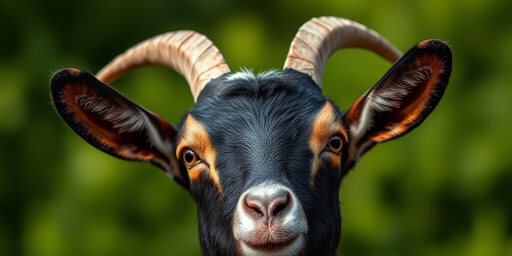 Capture a close-up of a black and white goat with prominent horns against a blurred green background, using a Canon EOS 5D Mark IV, lens aperture set to f/2.8 for shallow depth of field, ISO 200, shutter speed 1/200s, in natural light for enhanced clarity and contrast.