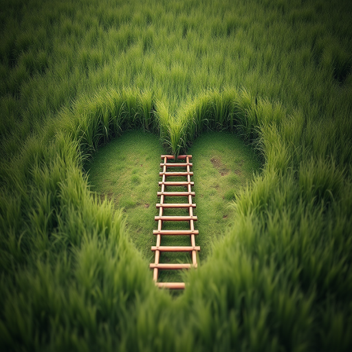 Create an image of a heart-shaped hole in a grassy field with a ladder leading into it, captured with a DSLR camera, 35mm lens, f/2.8 aperture, ISO 100, and a shallow depth of field for a dreamy effect.