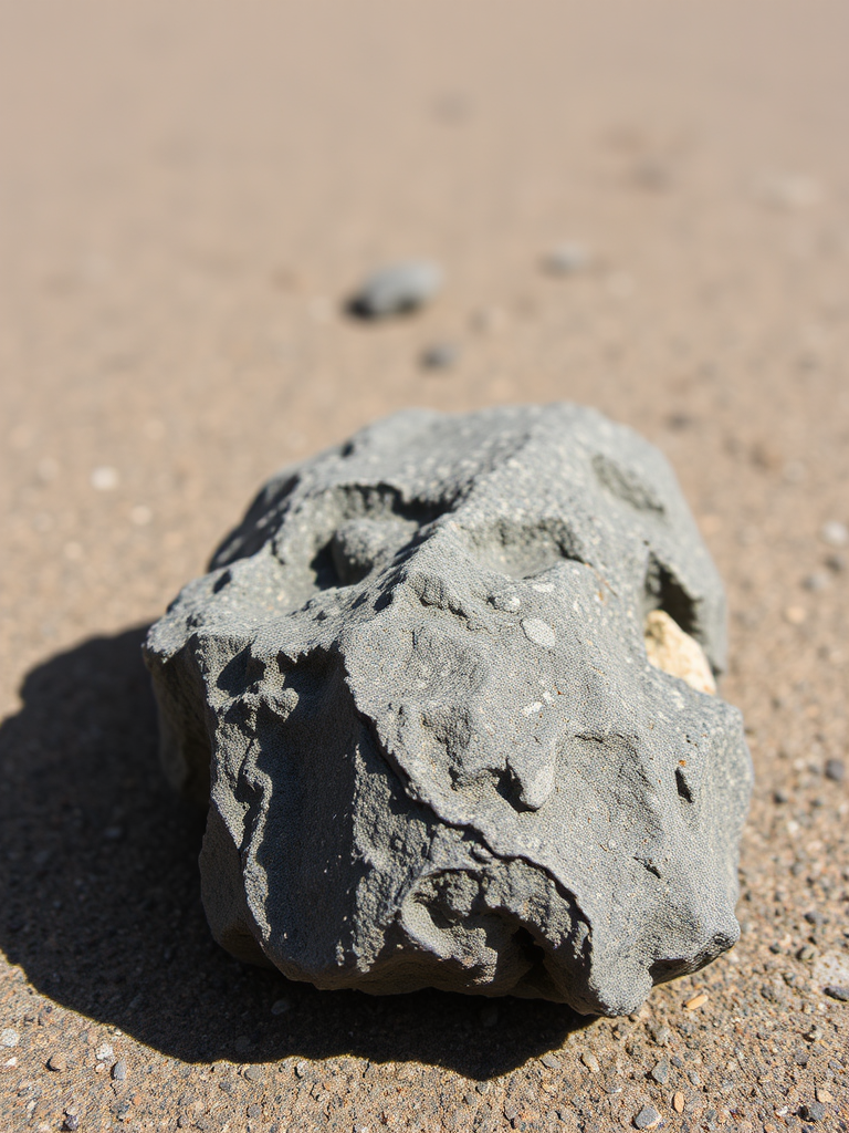A detailed, high-resolution image of a textured rock on an even surface, natural lighting, 35mm lens, f/8 aperture, ISO 100, taken from a low angle to capture its contours and shadows, shot with a DSLR camera.