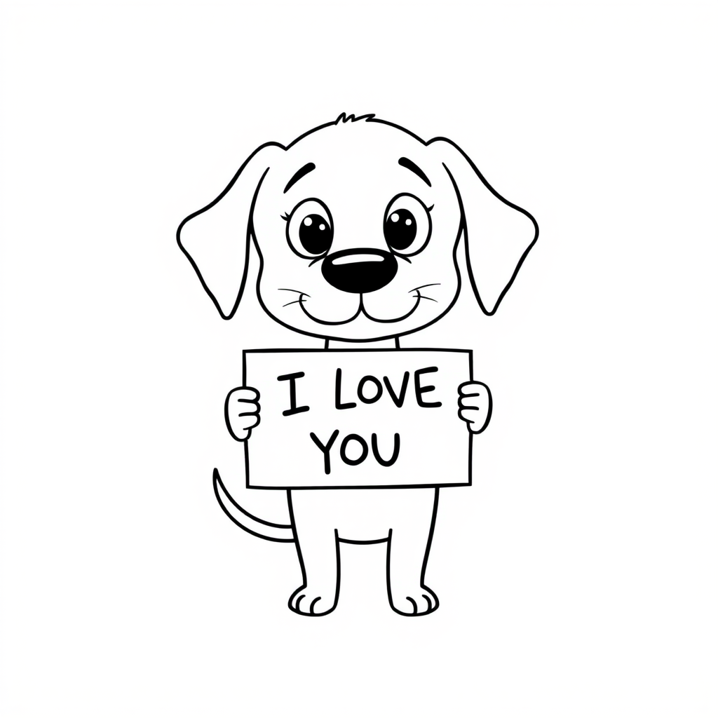 A minimalist cartoon of a PUPPY standing on a blank white background, holding a sign that simply says, 'I LOVE YOU.' The puppy is drawn with just a few lines: big eyes, whiskers, floppy ears, and a straight tail, giving it a comically desperate expression.