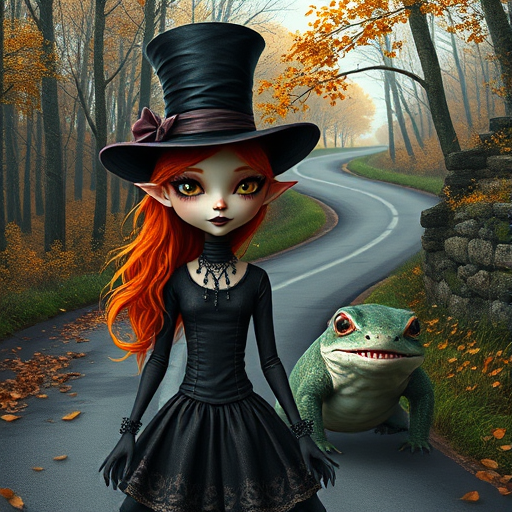 digital art fantasy depicting a strange girl with orange hair, long eyelashes, black lipstick and a tall hat walking along a winding road on an autumn afternoon, an Axolotl smiles as she passes