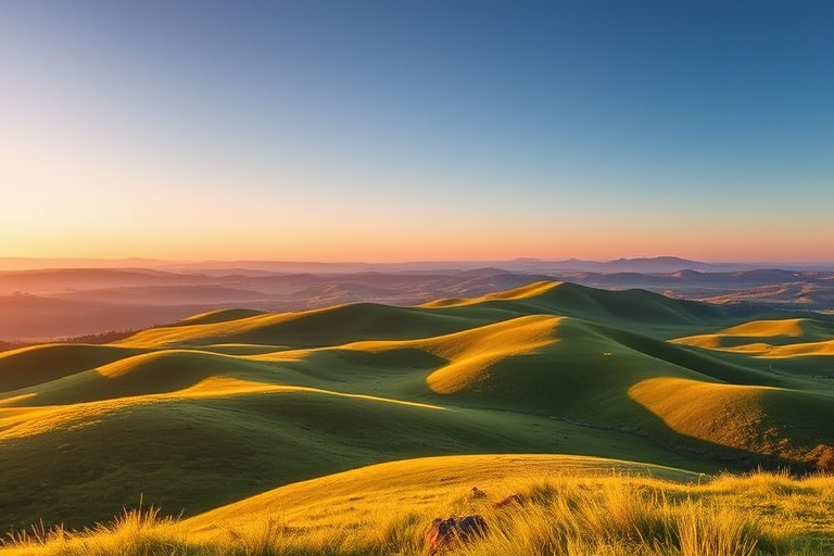 Generate a vibrant landscape image of rolling hills with lush green grass and gentle curves, captured with a Canon EOS R5 at f/8, ISO 100, 1/200 sec, shot from a high vantage point using a wide-angle lens for a sweeping view of the terrain during golden hour.