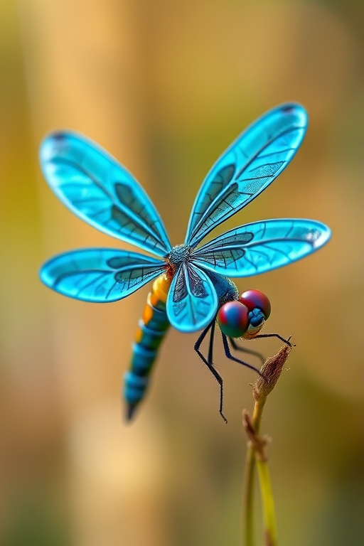 Create a high-resolution digital illustration of a cartoon dragonfly with vibrant blue wings and a colorful body, using a Canon EOS R5 camera, 50mm lens, aperture f/2.8, ISO 100, and a macro view to capture fine details and enhance image quality.