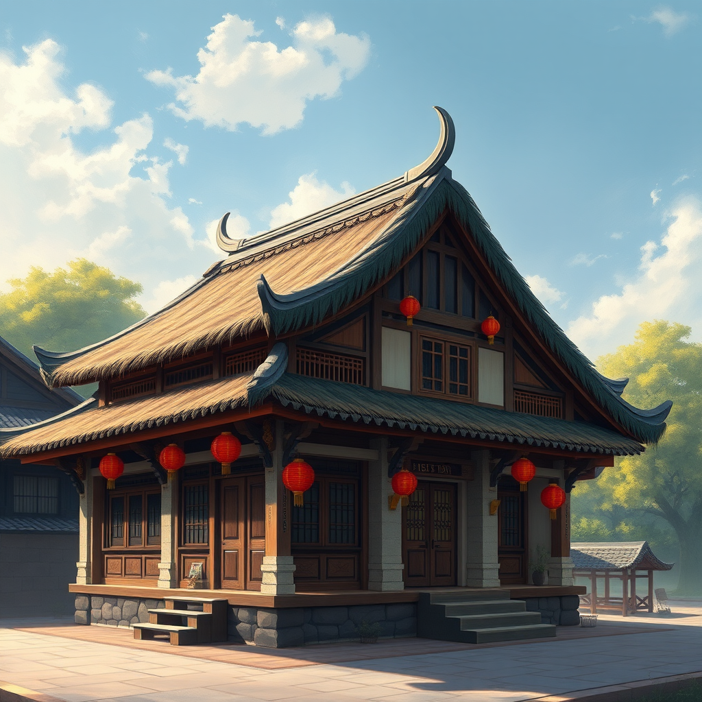 Create a highly detailed illustration of a traditional Asian-style house with a thatched roof, wooden beams, and stone accents, featuring red lanterns, set against a vibrant landscape, captured with a Canon EOS 5D Mark IV at f/8, ISO 100, 50mm lens, in a wide-angle view, using a digital painting style.