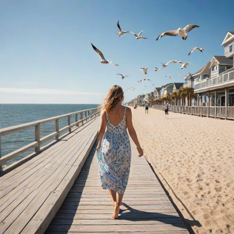 Sun-drenched boardwalk stretching along the coastline, with seagulls flying overhead and a woman in a summer dress walking barefoot, enjoying the ocean breeze.
