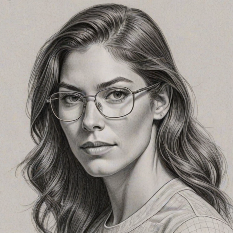 Bewitching Hope Solo, pencil sketch, portrait of Fetching woman 1922s in glasses, hair style beatnik, outline, clear lines, fine lines, 8k