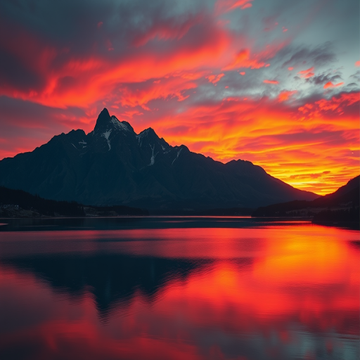 Create an imaginative landscape featuring a vibrant sunset over a mountain range, with rich colors reflecting in a calm lake, shot with a Canon EOS R5 at f/8, ISO 100, 1/125s, using a wide-angle lens for a panoramic view, capturing sharp details and depth in the scene.
