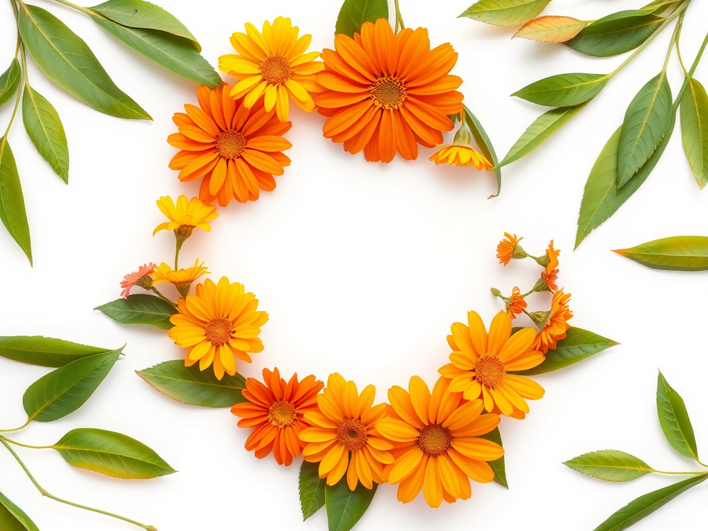 Create a high-resolution circular floral frame featuring colorful flowers like orange, yellow, and green leaves on a white background, using a DSLR camera with a 50mm lens, aperture f/2.8, ISO 100, and a shallow depth of field for enhanced detail and clarity.
