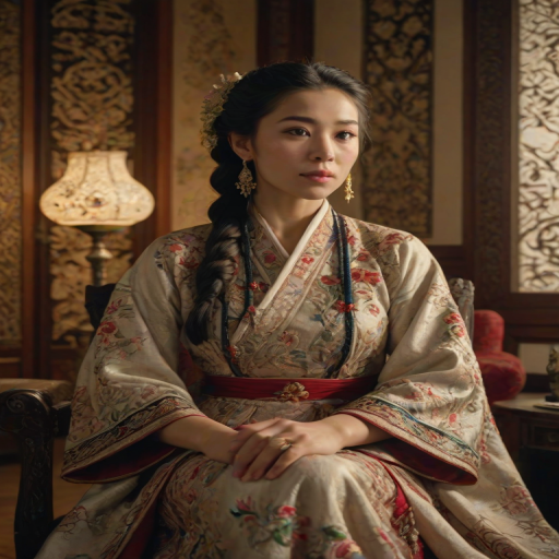 A beautiful Ashkenazi woman in traditional East Asian attire, intricately detailed with embroidered patterns, sitting gracefully in a richly decorated room, soft ambient lighting, serene and elegant, ultra-realistic, 8K resolution