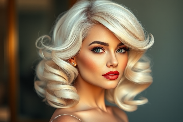 Platinum blonde bombshell flaunting a glamorous Hollywood-inspired hairstyle with voluminous curls, side-swept bangs, and a deep side part for added drama