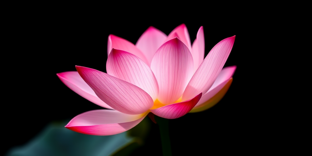 Create a high-resolution illustration of a pink lotus flower on a black background, using a DSLR camera with a 50mm lens, f/1.8 aperture, and a shallow depth of field to enhance details, shot from a low angle to capture its elegance and vibrancy.