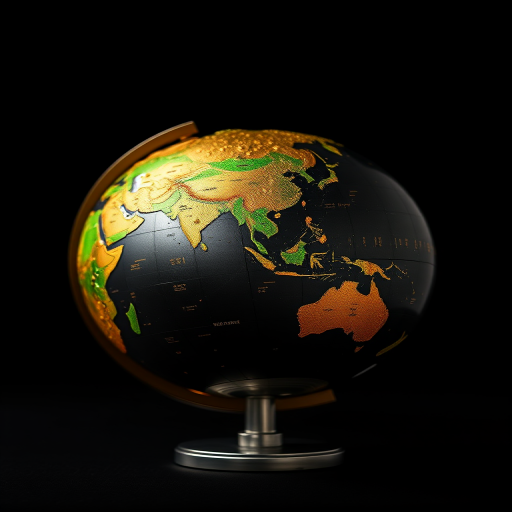 Regenerate an image of a metallic globe with gold and green features against a dark background, using a DSLR camera with a 50mm lens, aperture of f/2.8, ISO 100, and a softbox for even lighting, capturing a centered and detailed view.