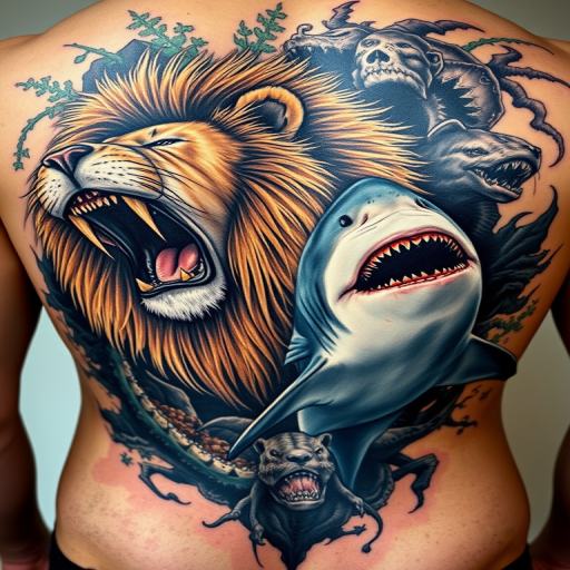 Realistic wildlife tattoo called "Apex Predators" depicting a dramatic encounter between a lion and a great white shark, seamlessly blending their habitats in a surreal composition, with hyper-detailed textures and dynamic poses, ideal for full back or chest piece