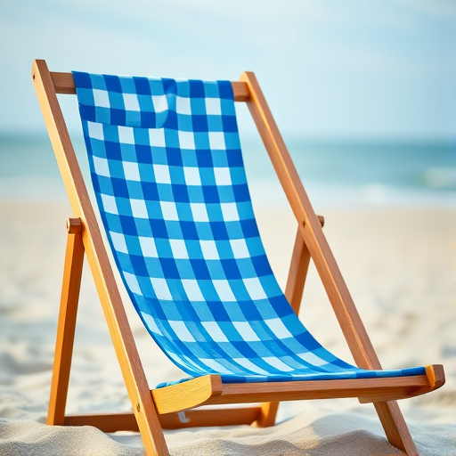 generate an image of a beach chair with a blue checkered fabric resting on a wooden frame, with soft lighting and a blurred background, shot with a Canon EOS R5, 35mm lens, f/2.8 aperture, ISO 100, and a low angle view for depth and perspective